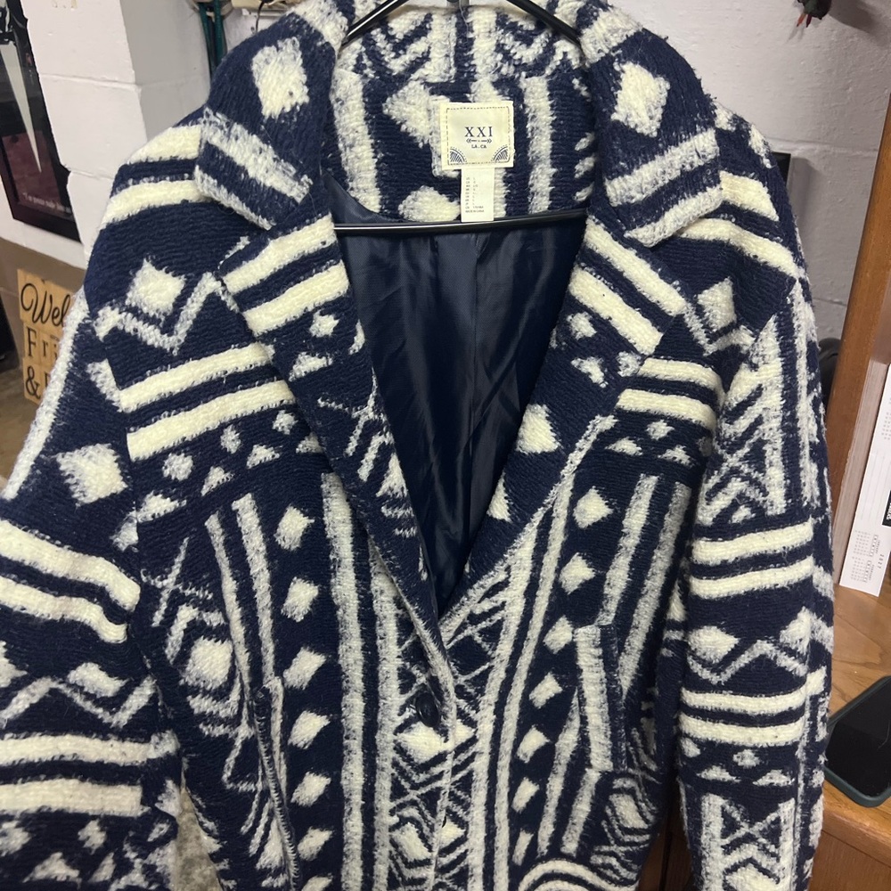 XXI Oversized Navy & White Aztec Wool-Blend Coat